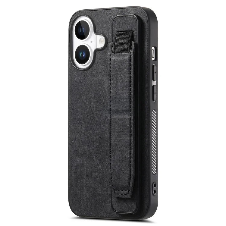 D11 For iPhone 16 Plus Case Wristband Leather + TPU Phone Cover