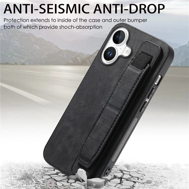 D11 For iPhone 16 Plus Case Wristband Leather + TPU Phone Cover