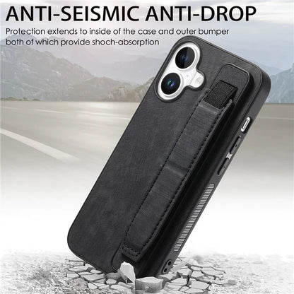 D11 For iPhone 16 Plus Case Wristband Leather + TPU Phone Cover