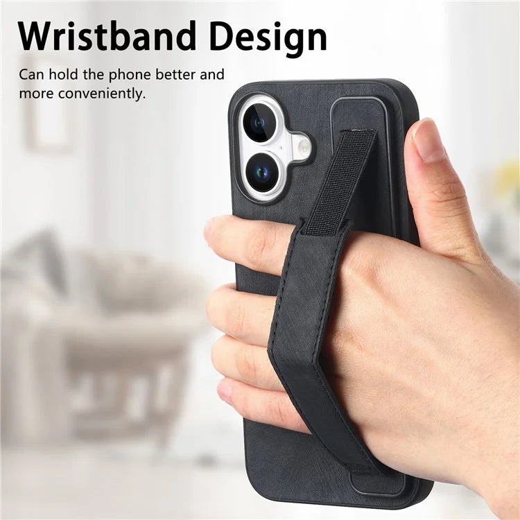 D11 For iPhone 16 Plus Case Wristband Leather + TPU Phone Cover