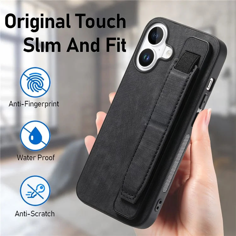 D11 For iPhone 16 Plus Case Wristband Leather + TPU Phone Cover