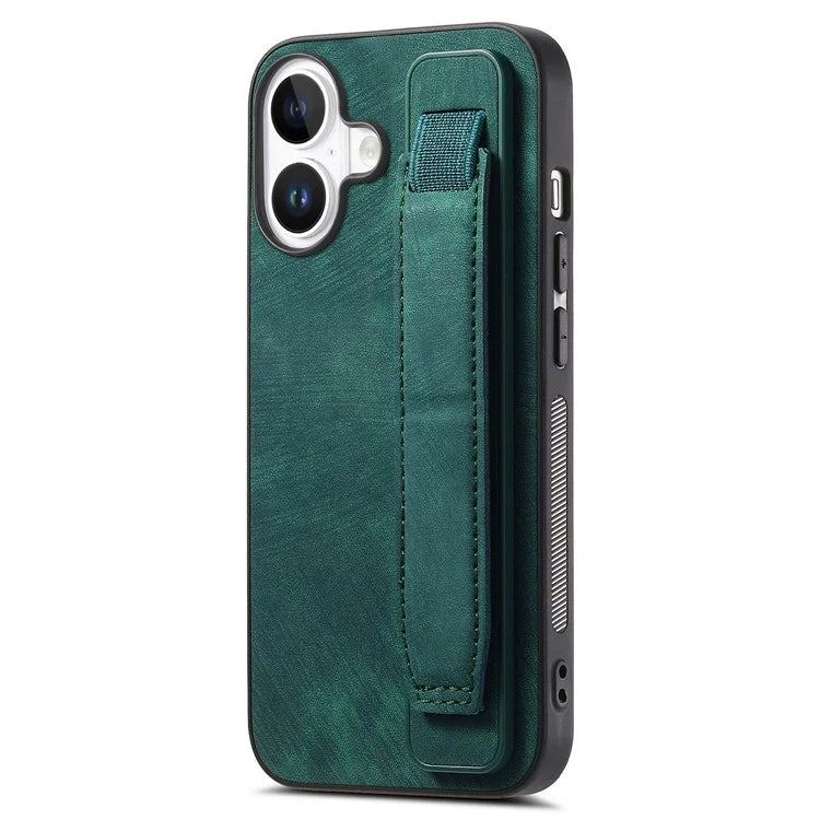 D11 For iPhone 16 Plus Case Wristband Leather + TPU Phone Cover