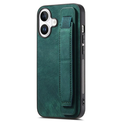 D11 For iPhone 16 Plus Case Wristband Leather + TPU Phone Cover