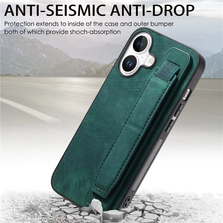 D11 For iPhone 16 Plus Case Wristband Leather + TPU Phone Cover