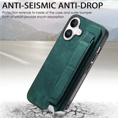D11 For iPhone 16 Plus Case Wristband Leather + TPU Phone Cover