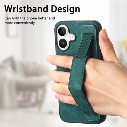 D11 For iPhone 16 Plus Case Wristband Leather + TPU Phone Cover