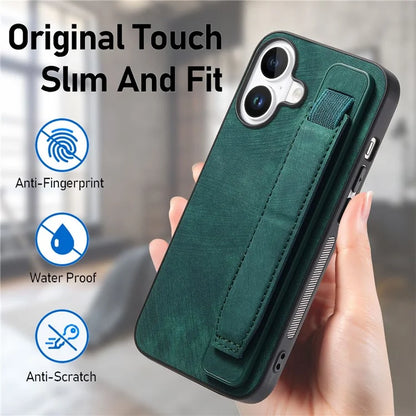 D11 For iPhone 16 Plus Case Wristband Leather + TPU Phone Cover