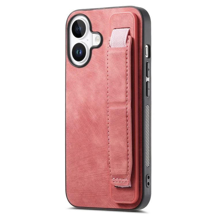 D11 For iPhone 16 Plus Case Wristband Leather + TPU Phone Cover