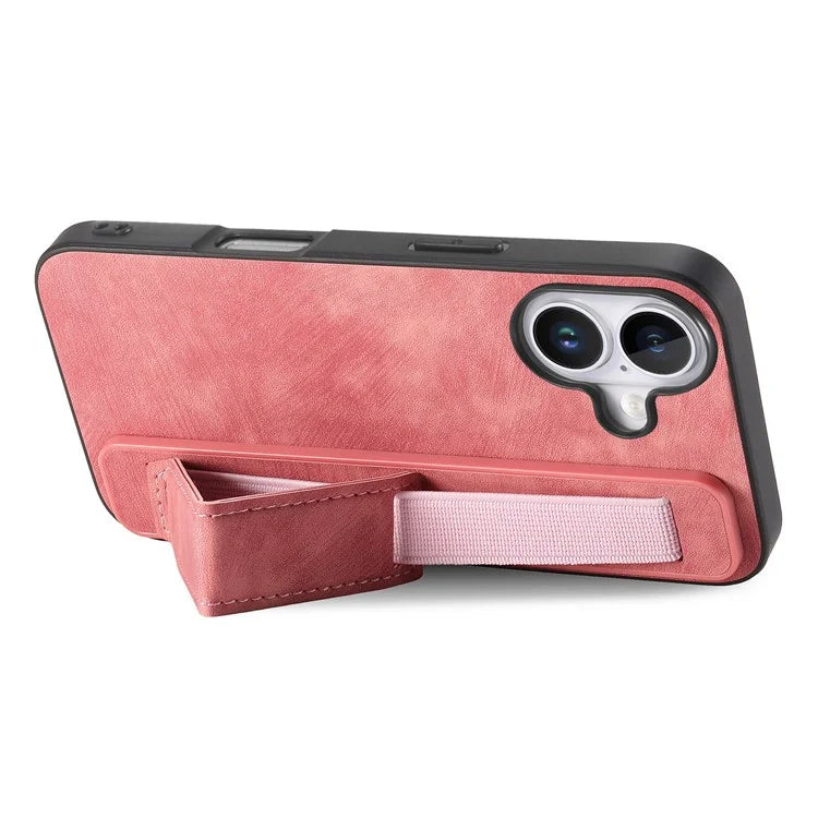 D11 For iPhone 16 Plus Case Wristband Leather + TPU Phone Cover