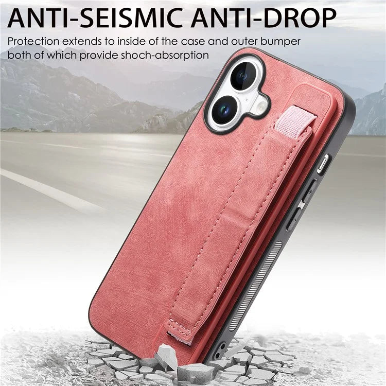 D11 For iPhone 16 Plus Case Wristband Leather + TPU Phone Cover