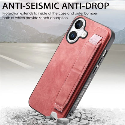 D11 For iPhone 16 Plus Case Wristband Leather + TPU Phone Cover