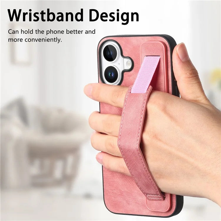 D11 For iPhone 16 Plus Case Wristband Leather + TPU Phone Cover