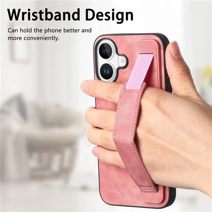 D11 For iPhone 16 Plus Case Wristband Leather + TPU Phone Cover