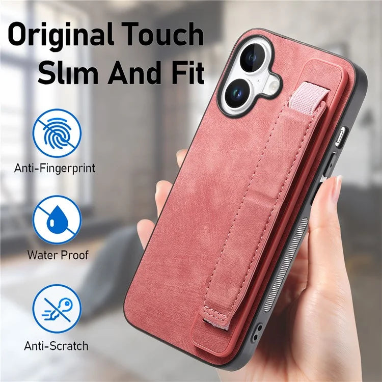 D11 For iPhone 16 Plus Case Wristband Leather + TPU Phone Cover