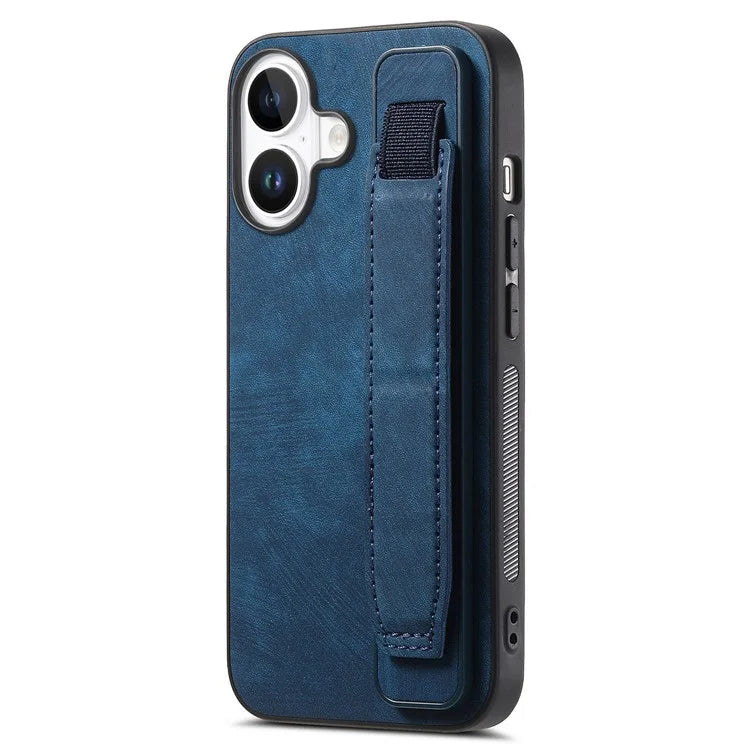 D11 For iPhone 16 Plus Case Wristband Leather + TPU Phone Cover