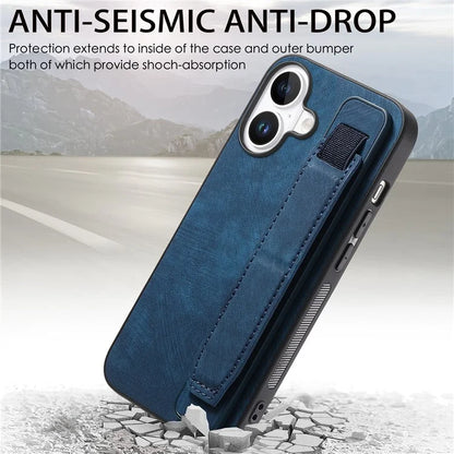 D11 For iPhone 16 Plus Case Wristband Leather + TPU Phone Cover