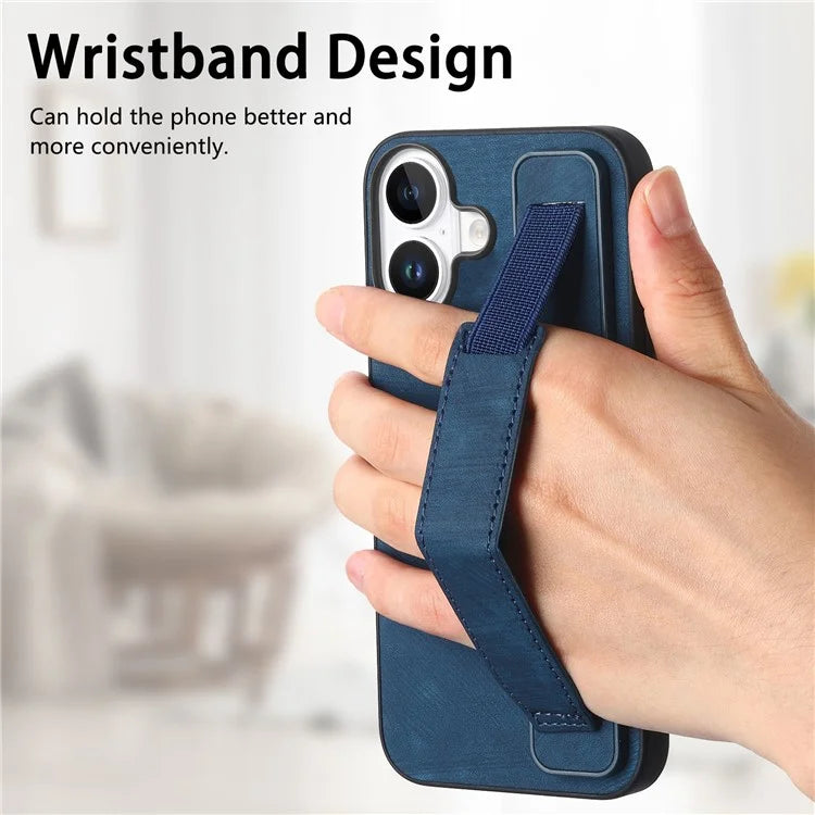 D11 For iPhone 16 Plus Case Wristband Leather + TPU Phone Cover