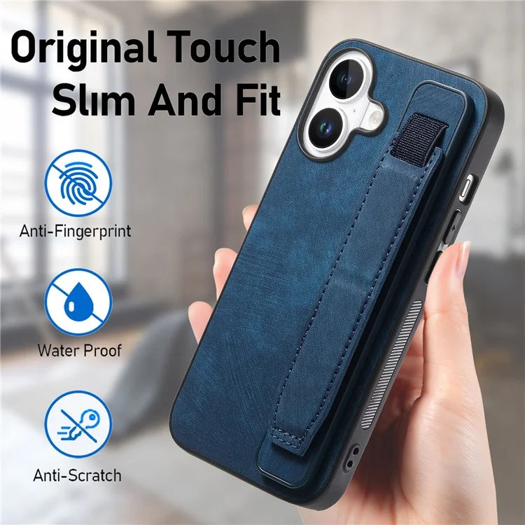 D11 For iPhone 16 Plus Case Wristband Leather + TPU Phone Cover