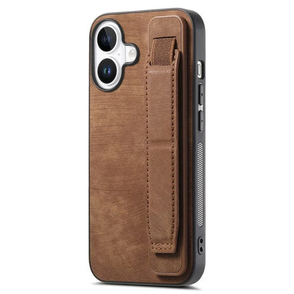 D11 For iPhone 16 Plus Case Wristband Leather + TPU Phone Cover