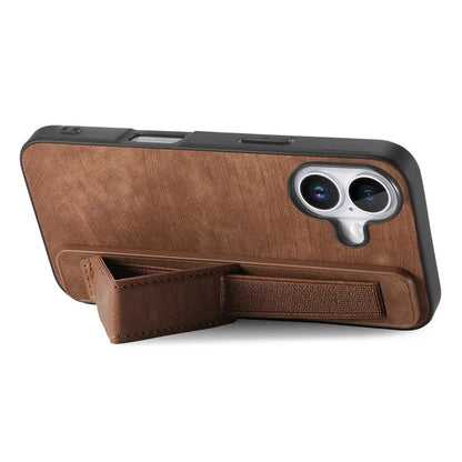 D11 For iPhone 16 Plus Case Wristband Leather + TPU Phone Cover