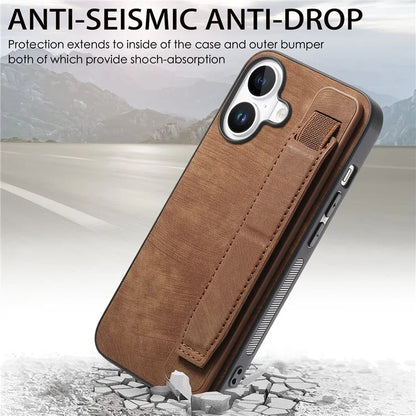 D11 For iPhone 16 Plus Case Wristband Leather + TPU Phone Cover