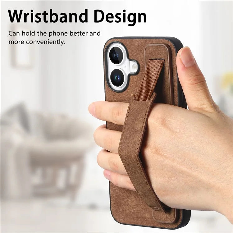 D11 For iPhone 16 Plus Case Wristband Leather + TPU Phone Cover