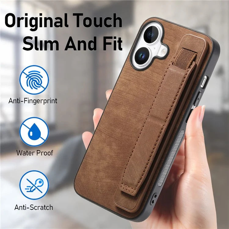 D11 For iPhone 16 Plus Case Wristband Leather + TPU Phone Cover