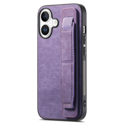 D11 For iPhone 16 Plus Case Wristband Leather + TPU Phone Cover