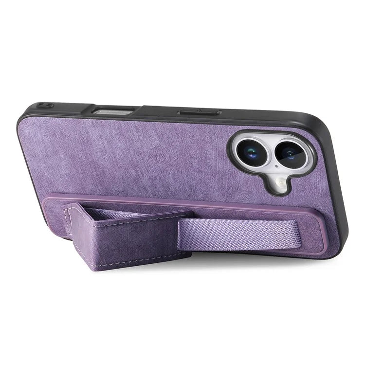 D11 For iPhone 16 Plus Case Wristband Leather + TPU Phone Cover