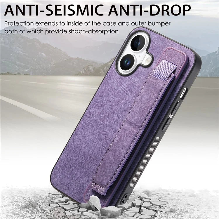D11 For iPhone 16 Plus Case Wristband Leather + TPU Phone Cover