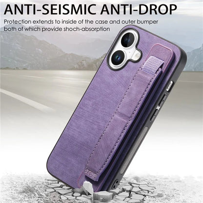 D11 For iPhone 16 Plus Case Wristband Leather + TPU Phone Cover