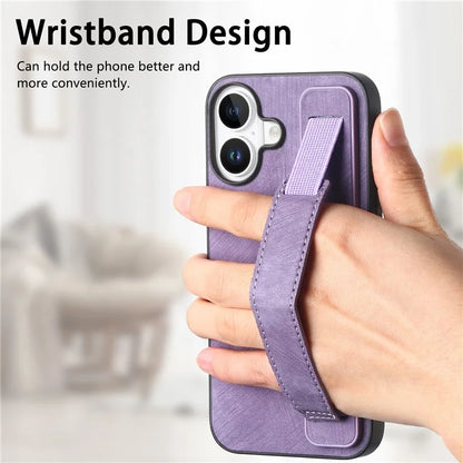 D11 For iPhone 16 Plus Case Wristband Leather + TPU Phone Cover