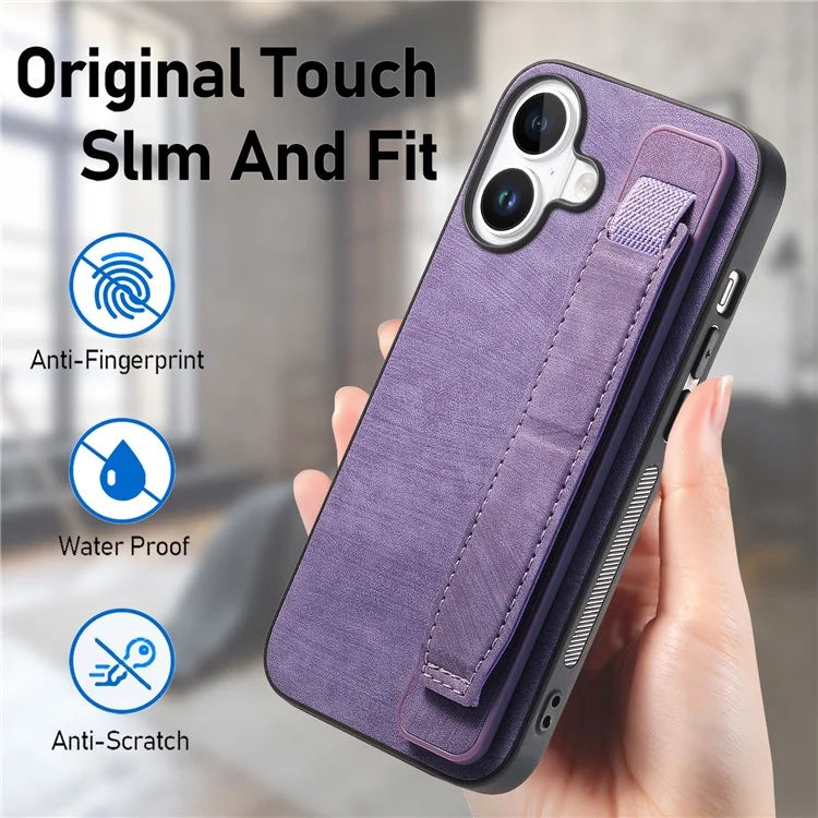 D11 For iPhone 16 Plus Case Wristband Leather + TPU Phone Cover