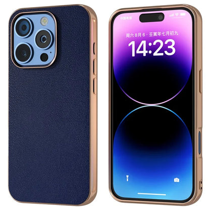 For iPhone 16 Pro Max Case Electroplating Edge PU Leather Coated TPU+PC Phone Cover