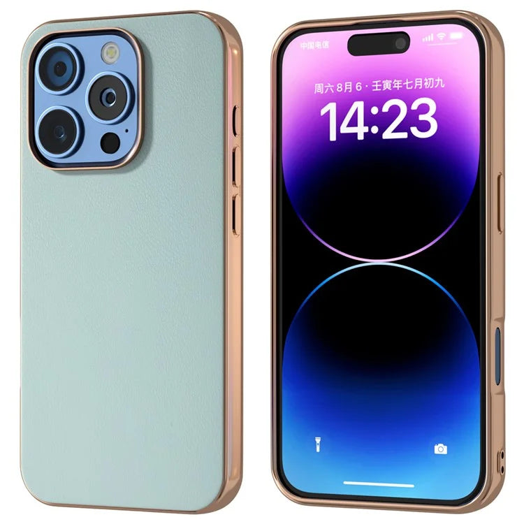 For iPhone 16 Pro Max Case Electroplating Edge PU Leather Coated TPU+PC Phone Cover