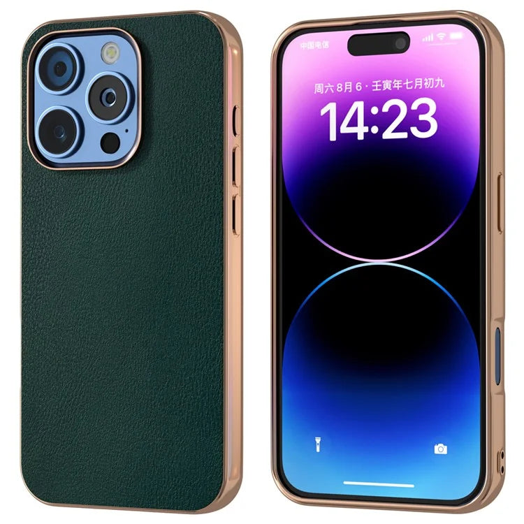 For iPhone 16 Pro Max Case Electroplating Edge PU Leather Coated TPU+PC Phone Cover