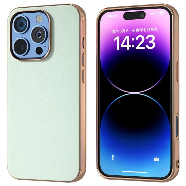 For iPhone 16 Pro Case Electroplating Edge PU Leather Coated TPU+PC Phone Cover