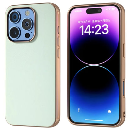 For iPhone 16 Pro Case Electroplating Edge PU Leather Coated TPU+PC Phone Cover