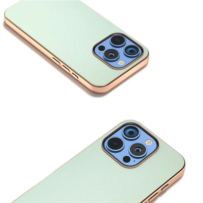 For iPhone 16 Pro Case Electroplating Edge PU Leather Coated TPU+PC Phone Cover