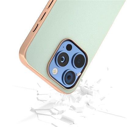 For iPhone 16 Pro Case Electroplating Edge PU Leather Coated TPU+PC Phone Cover