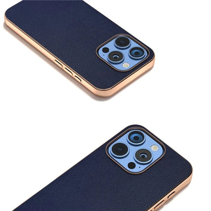 For iPhone 16 Pro Case Electroplating Edge PU Leather Coated TPU+PC Phone Cover