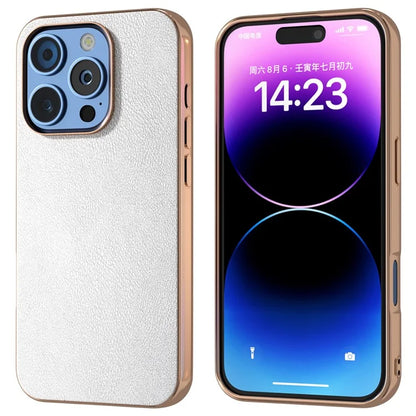 For iPhone 16 Pro Case Electroplating Edge PU Leather Coated TPU+PC Phone Cover