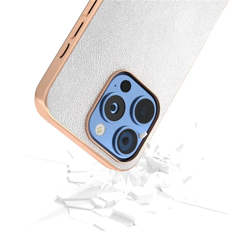 For iPhone 16 Pro Case Electroplating Edge PU Leather Coated TPU+PC Phone Cover
