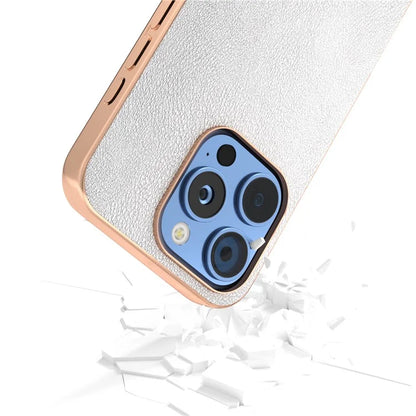 For iPhone 16 Pro Case Electroplating Edge PU Leather Coated TPU+PC Phone Cover