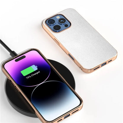 For iPhone 16 Pro Case Electroplating Edge PU Leather Coated TPU+PC Phone Cover