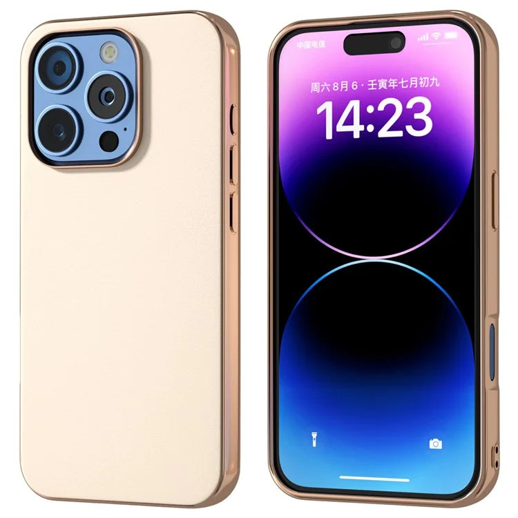For iPhone 16 Pro Case Electroplating Edge PU Leather Coated TPU+PC Phone Cover
