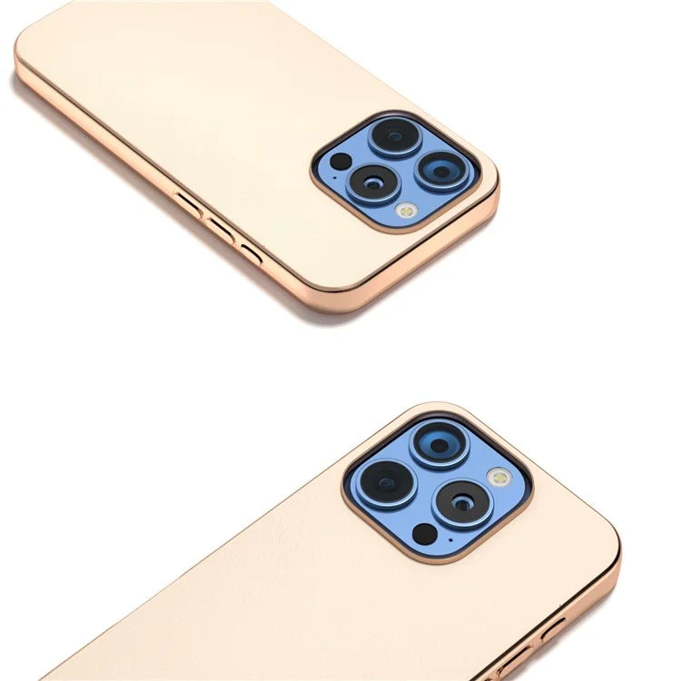 For iPhone 16 Pro Case Electroplating Edge PU Leather Coated TPU+PC Phone Cover