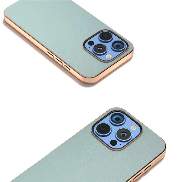 For iPhone 16 Pro Case Electroplating Edge PU Leather Coated TPU+PC Phone Cover