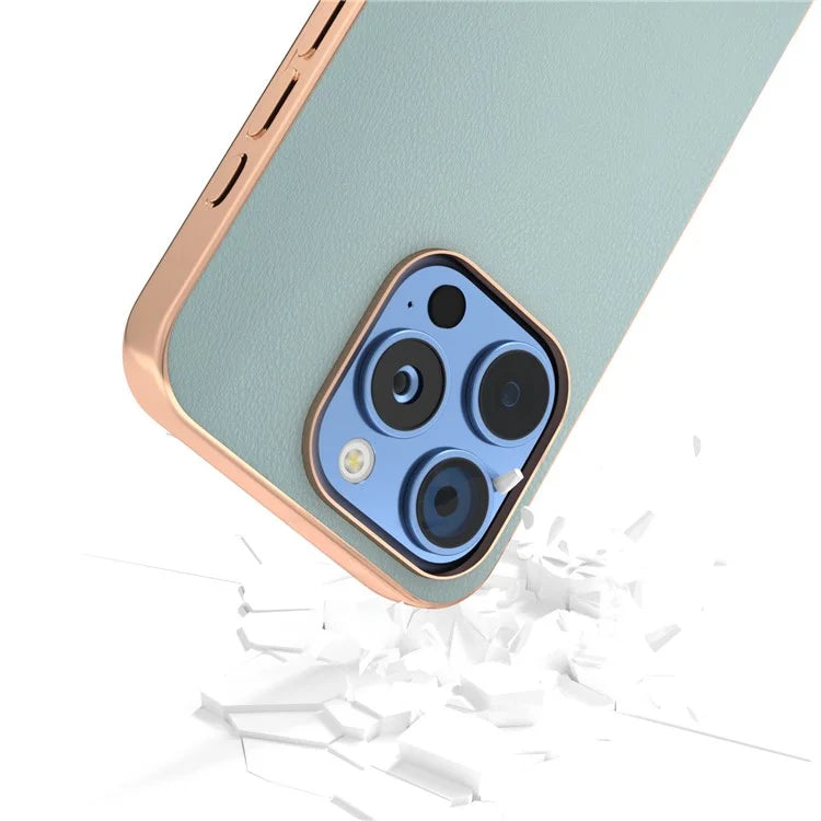 For iPhone 16 Pro Case Electroplating Edge PU Leather Coated TPU+PC Phone Cover