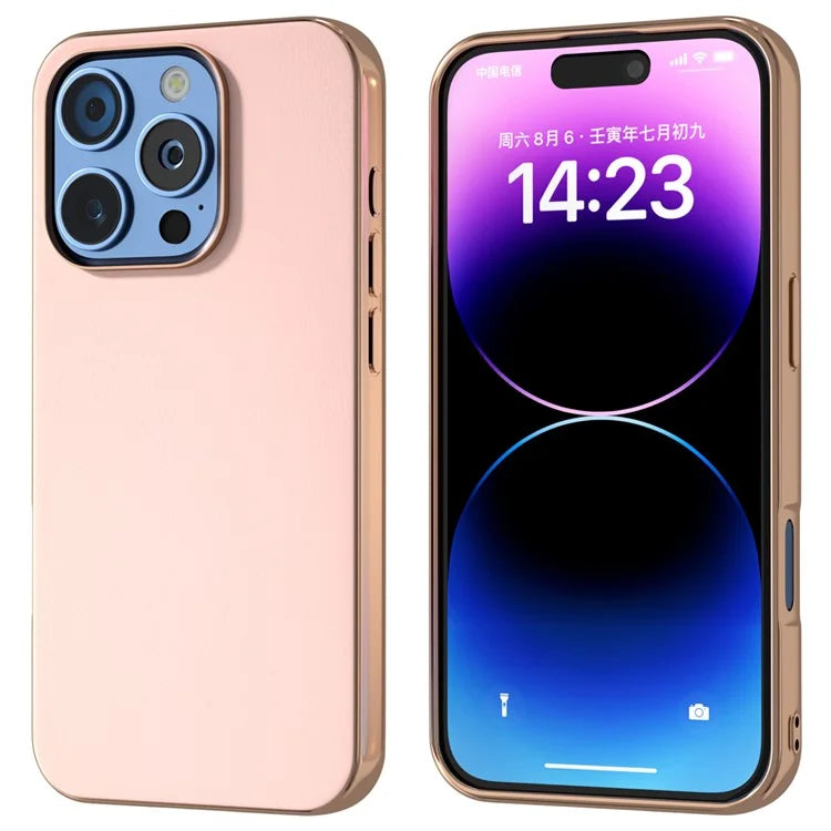 For iPhone 16 Pro Case Electroplating Edge PU Leather Coated TPU+PC Phone Cover
